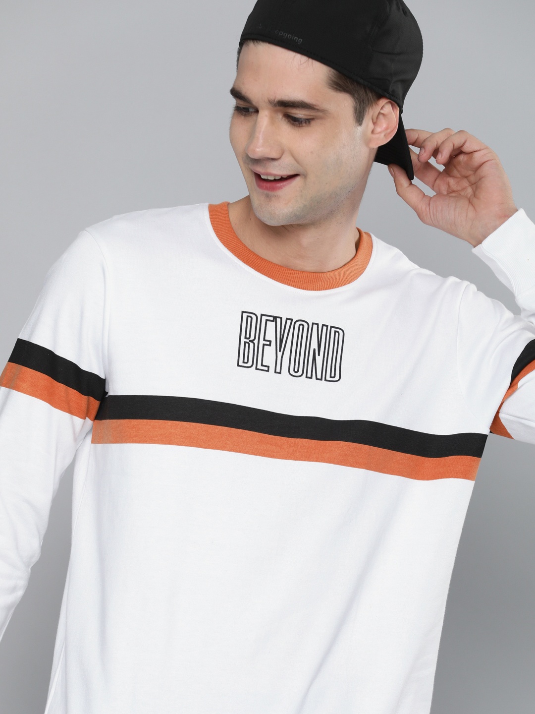 

HERE&NOW Men White & Orange Striped Sweatshirt with Printed Detail