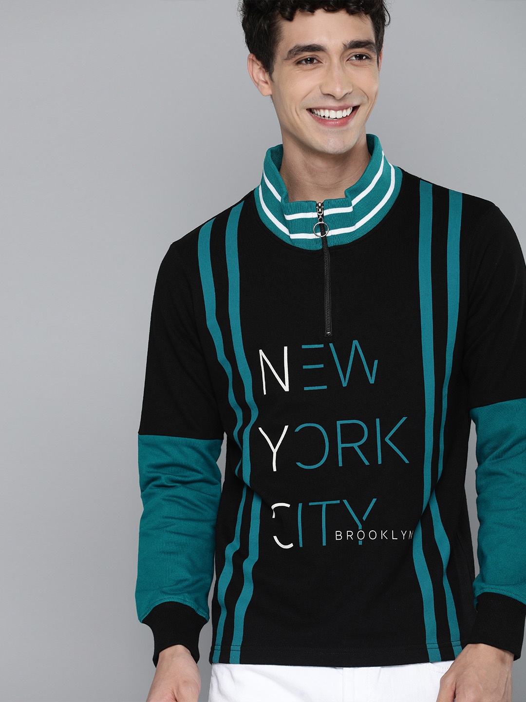 

HERE&NOW Men Black & Teal Blue Printed Sweatshirt