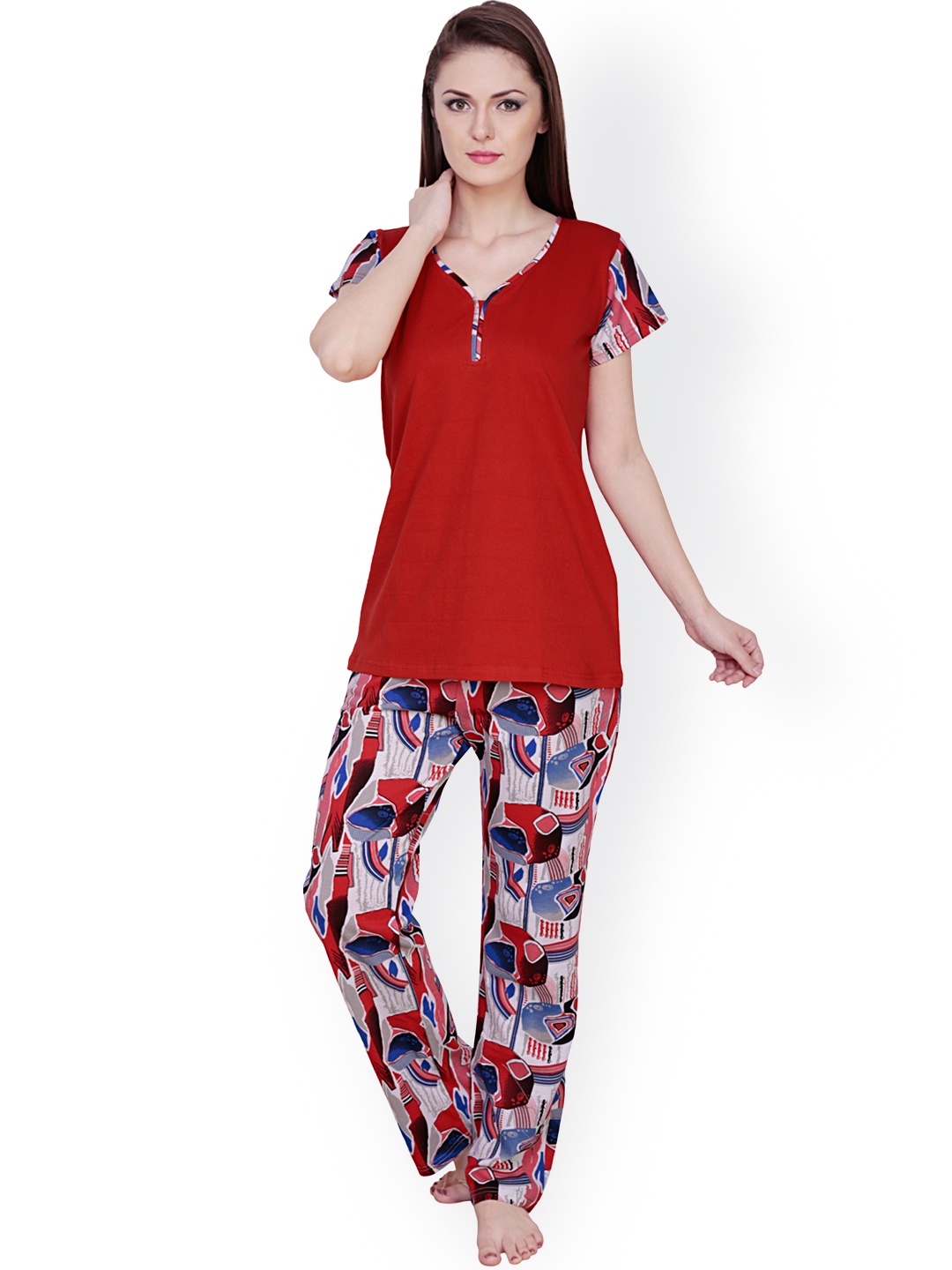 

Claura Red Printed Night Suit cot-09