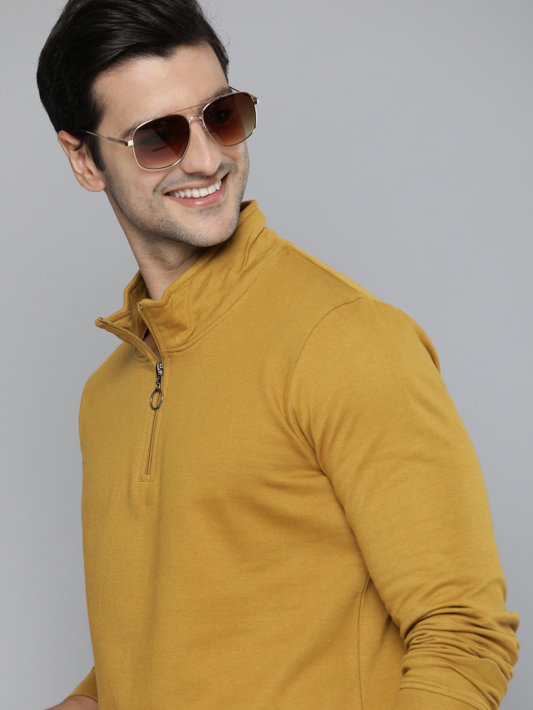 

HERE&NOW Men Mustard Yellow Pure Cotton Half Zipper Sweatshirt