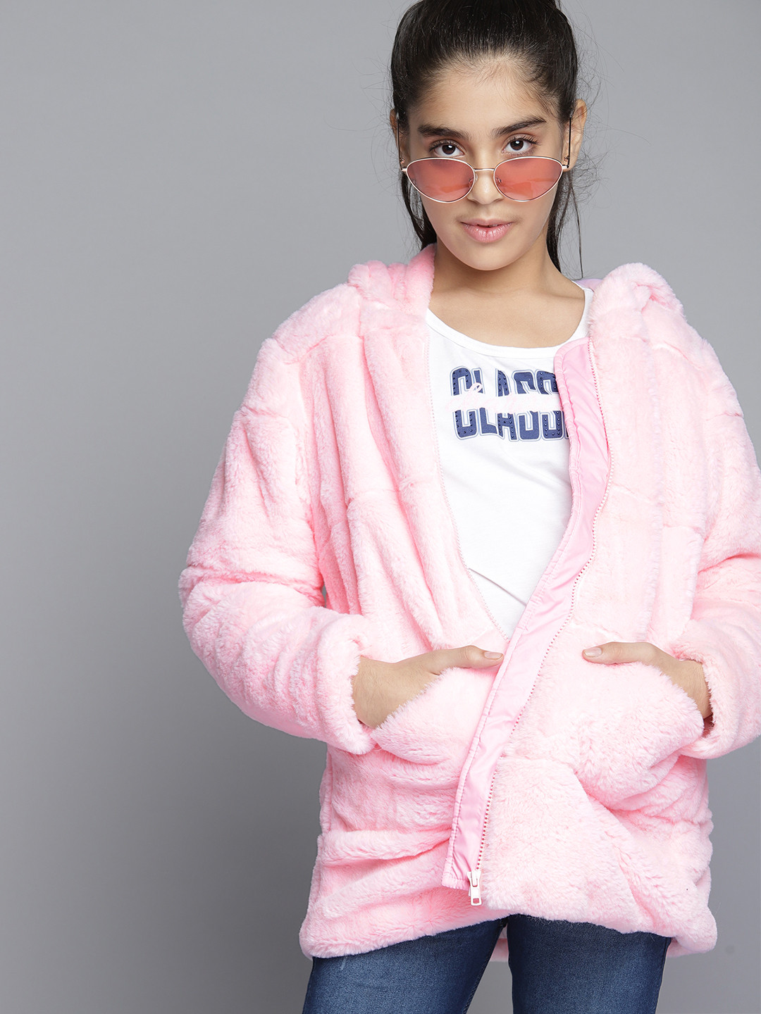 

YK Girls Pink Hooded Faux Fur Jacket