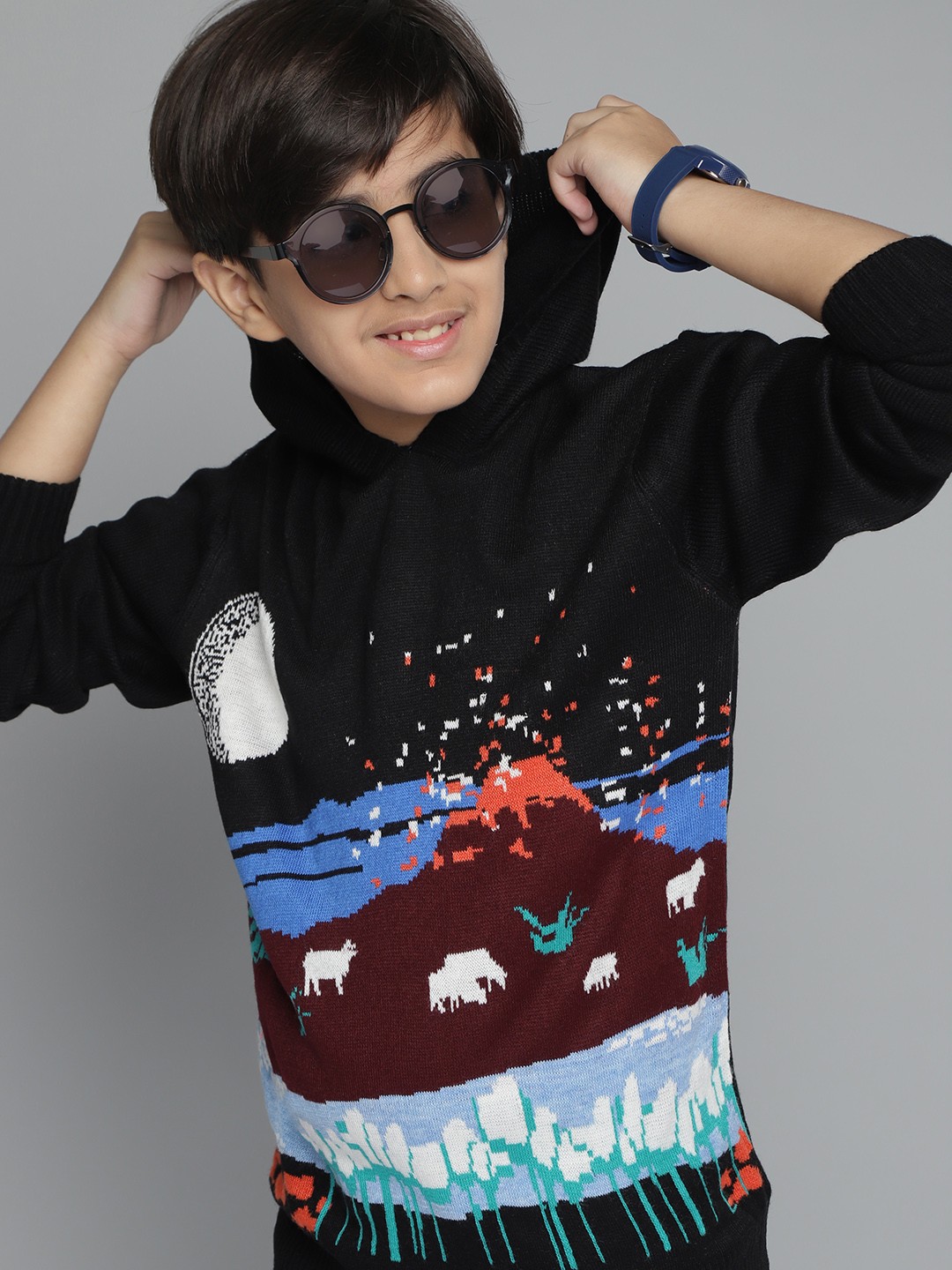 

YK Boys Black & Burgundy Self-Design Hooded Pullover