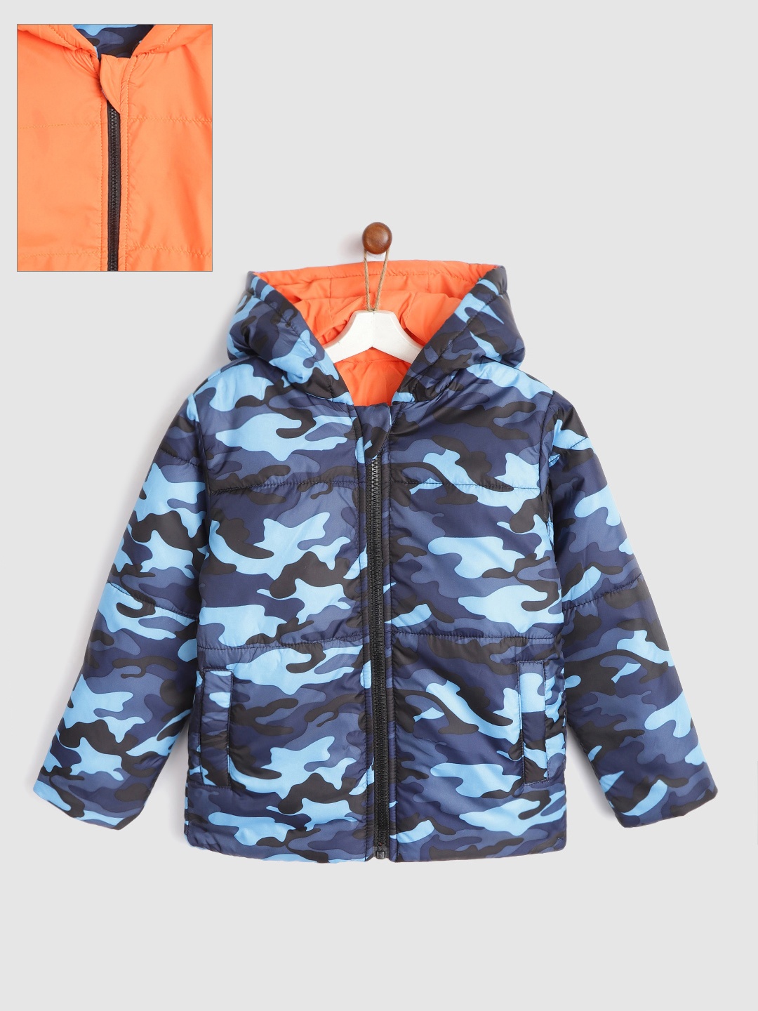 

YK Boys Blue & Orange Camouflage Print Reversible Hooded Padded Jacket