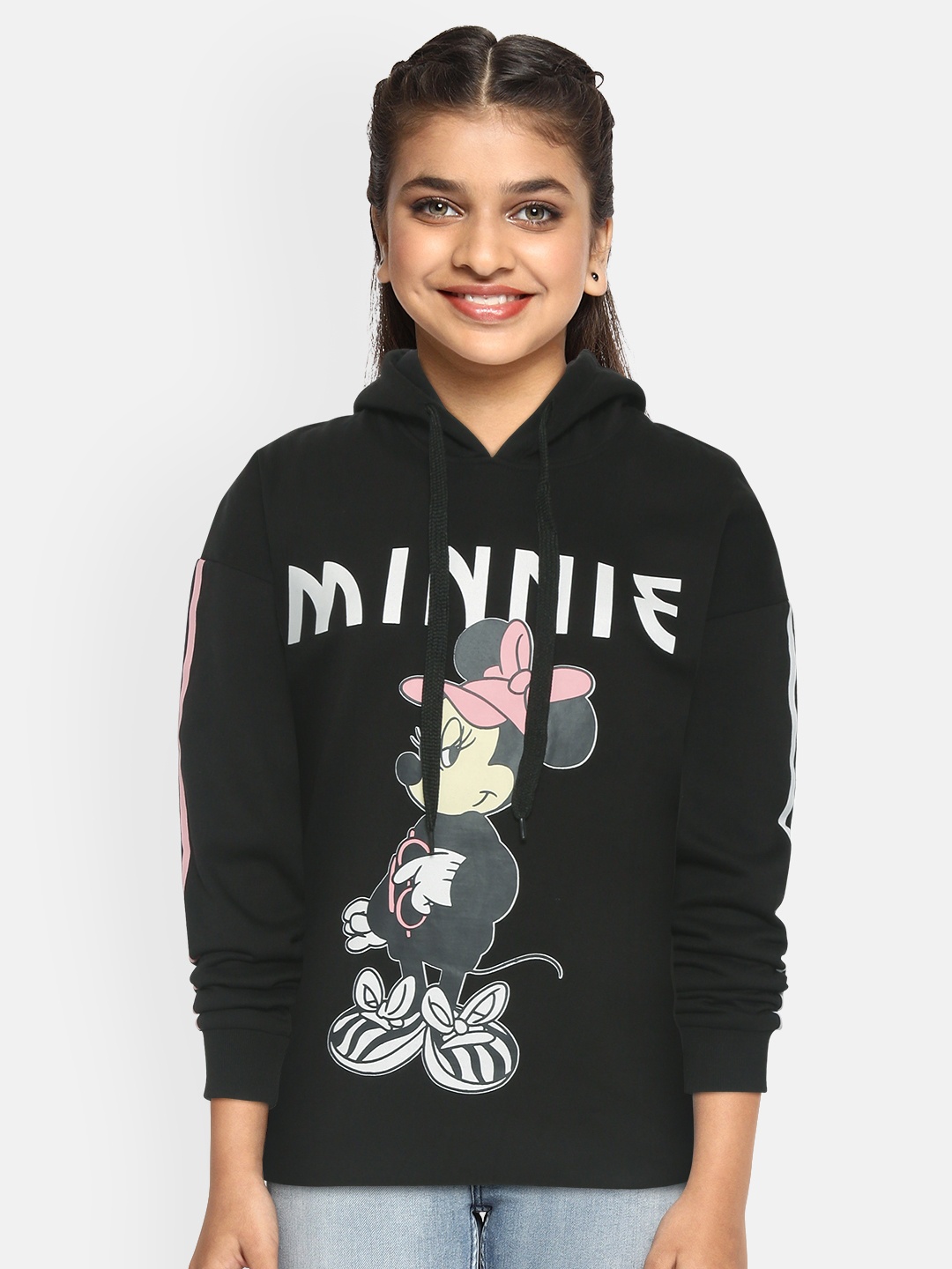 

YK Disney Girls Black & White Minnie Mouse Print Hooded Sweatshirt