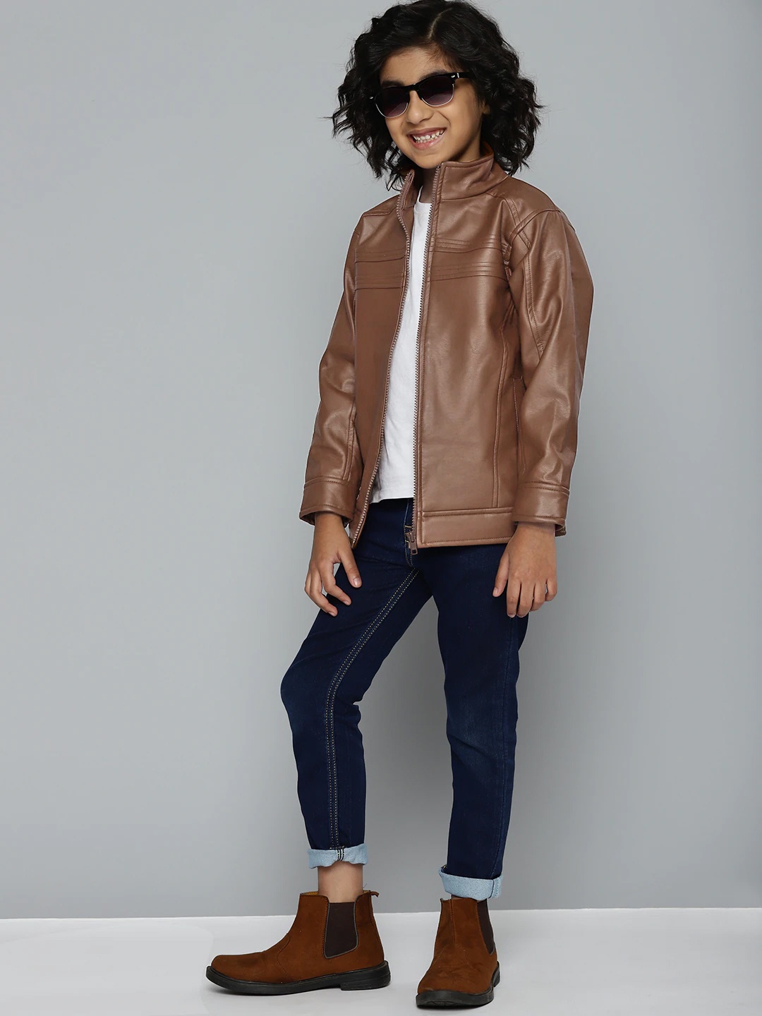 

YK Boys Brown PU Solid Biker Jacket