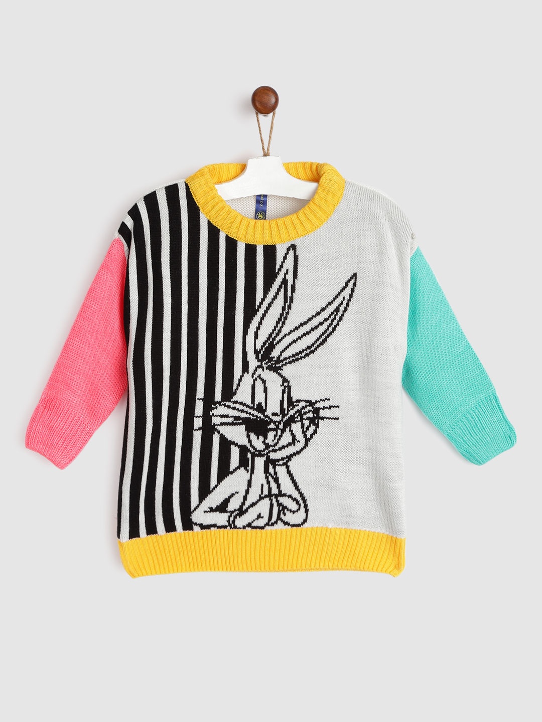 

YK Warner Bros Girls Off-White & Black Bugs Bunny Self-Design Acrylic Pullover Sweater