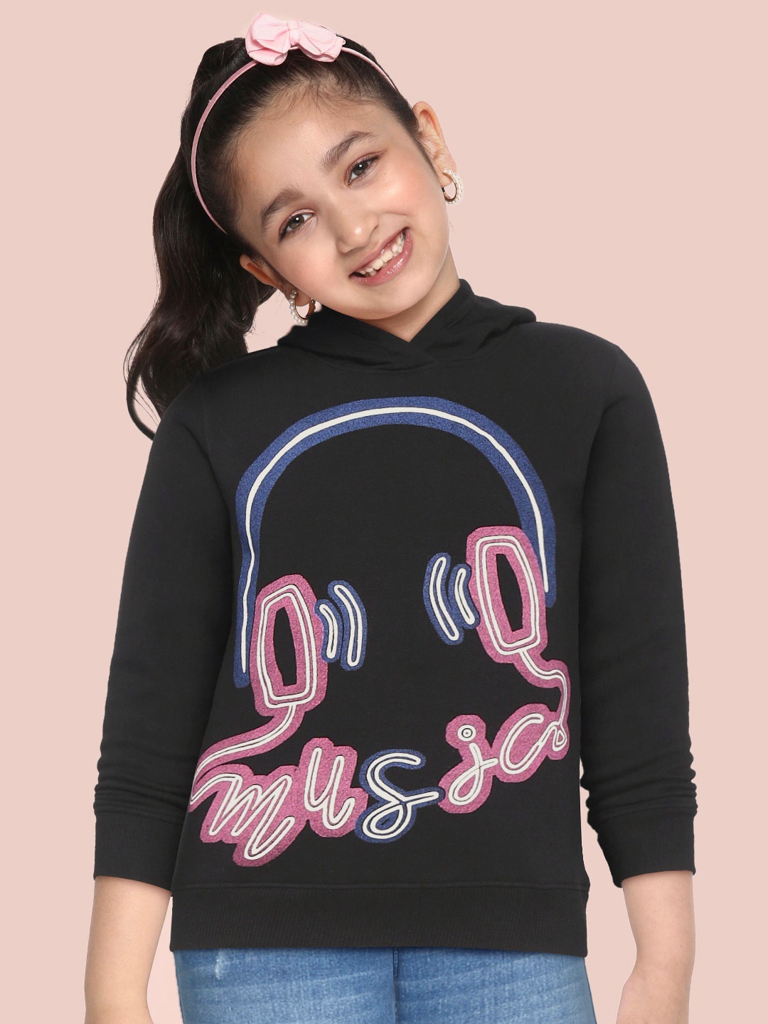 

YK Girls Black & Pink Graphic Printed Hooded Sweatshirt