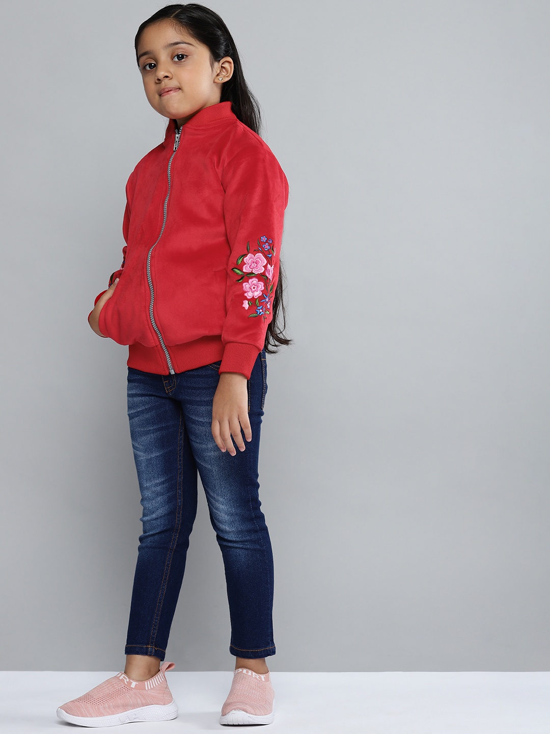 

YK Girls Red Velvet Finish Bomber Jacket with Floral Embroidered Sleeves