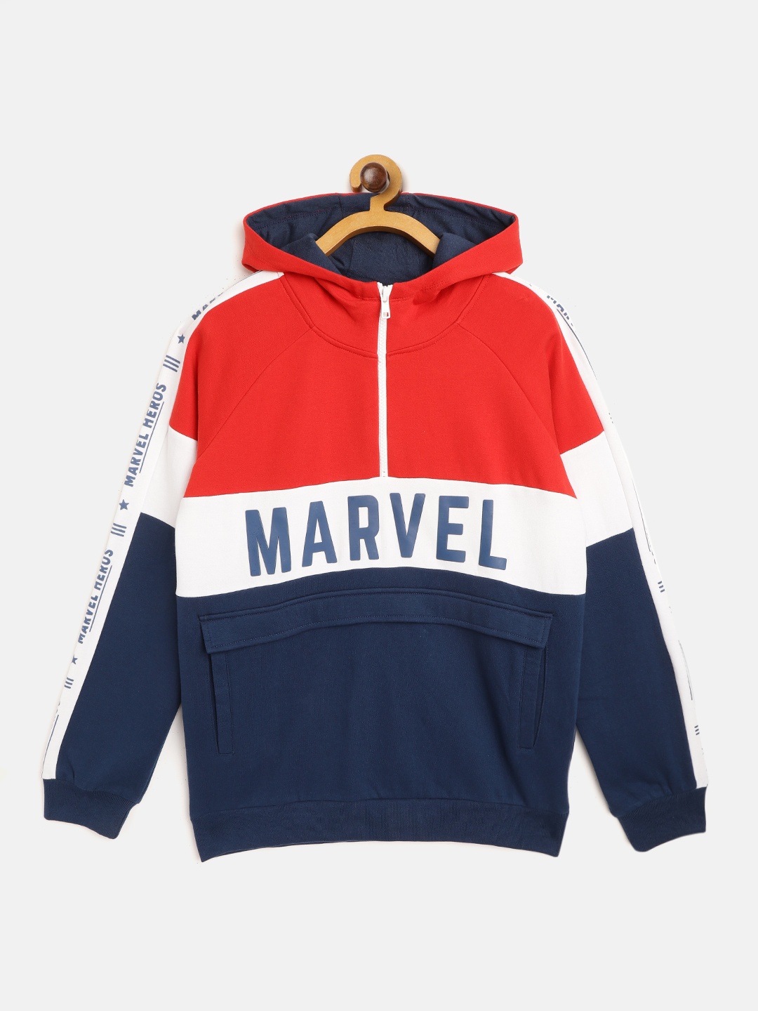 

YK Marvel Boys Navy Blue & Red Colourblocked Hooded Sweatshirt