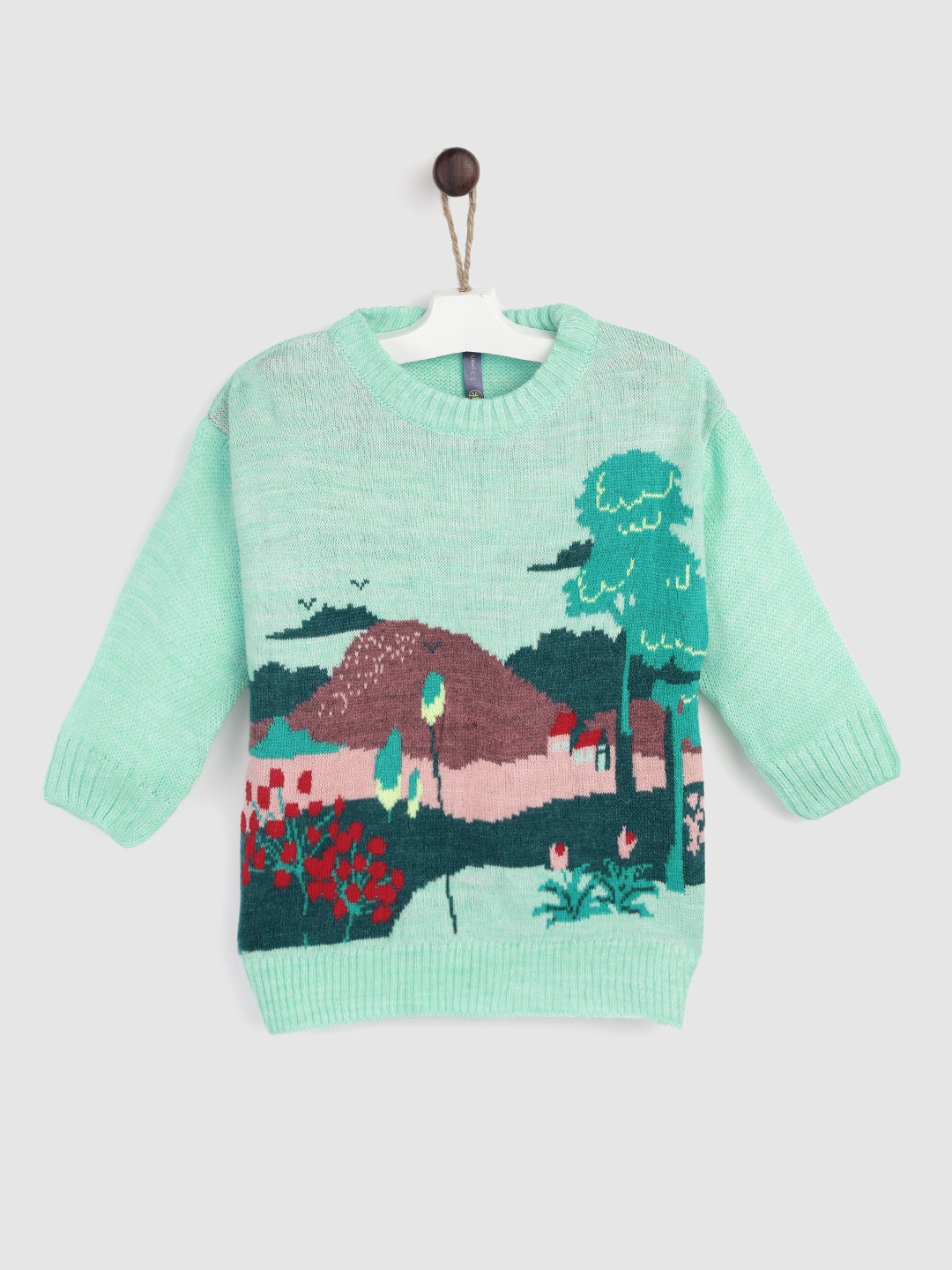 

YK Girls Green & Pink Graphic Self-Design Pullover