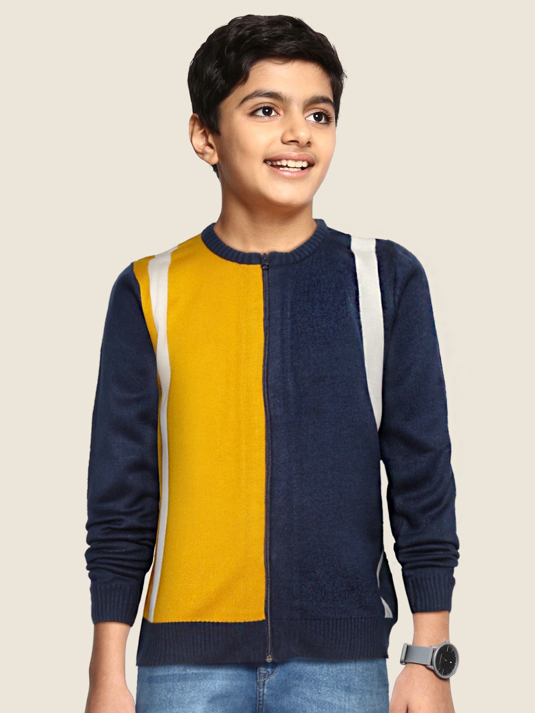 

YK Boys Navy Blue & Mustard Striped Front-Open Sweater