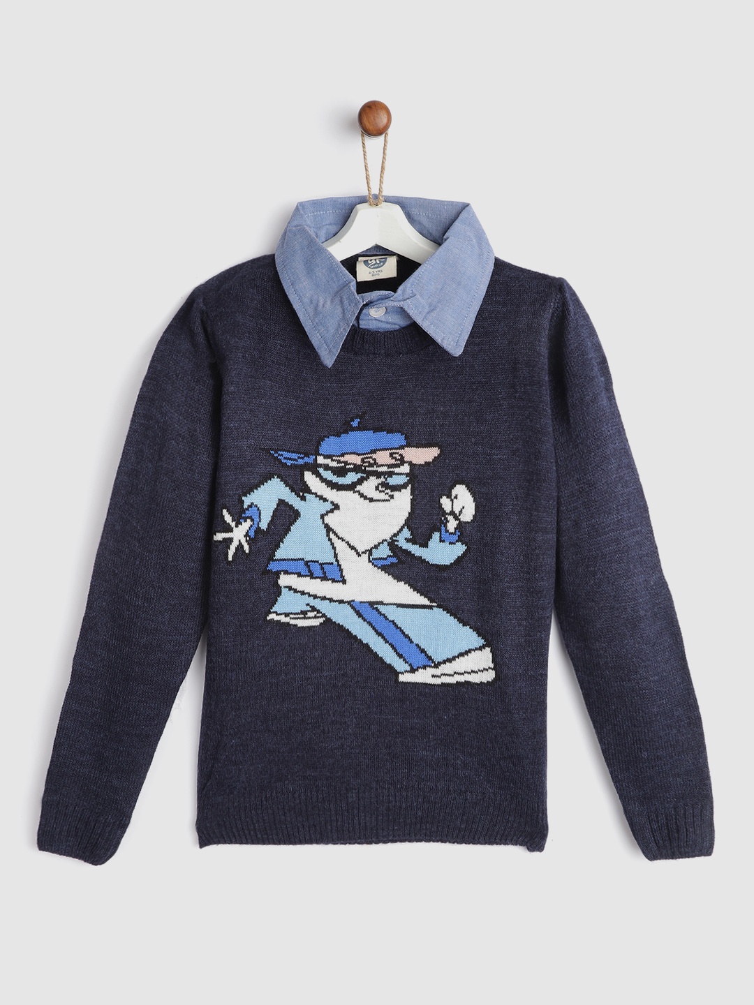 

YK Warner Bros Boys Navy Blue & White Dexter Self Design Spread Collar Pullover Sweater