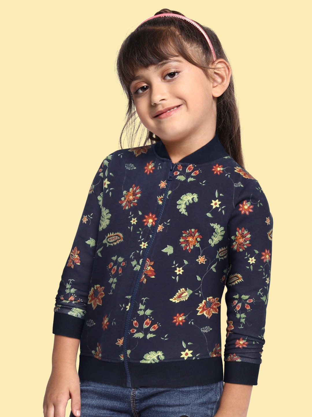 

YK Girls Navy Blue & Rust Orange Floral Printed Sweatshirt