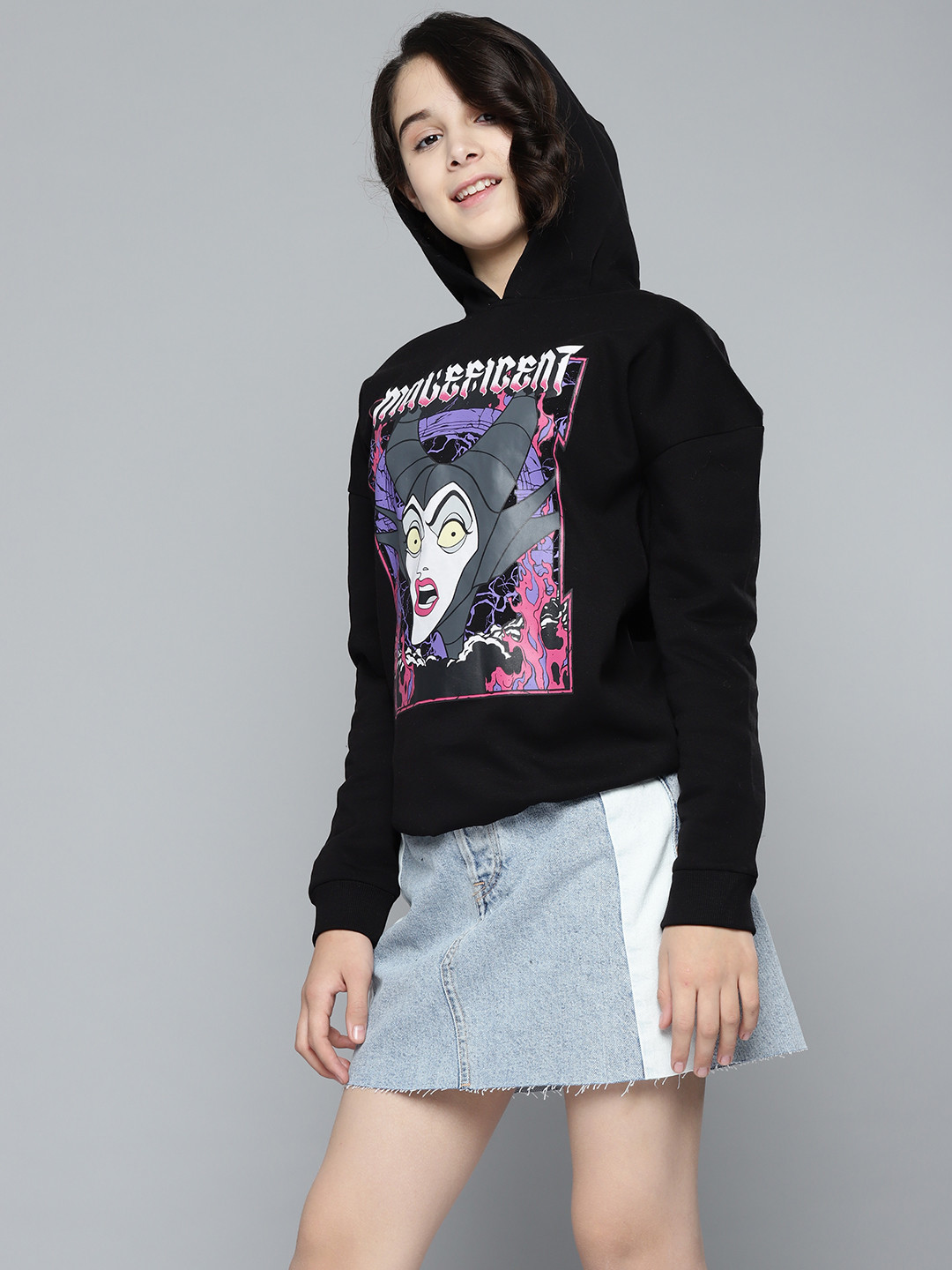 

YK Disney Girls Black & Charcoal Grey Maleficent Print Hooded Sweatshirt