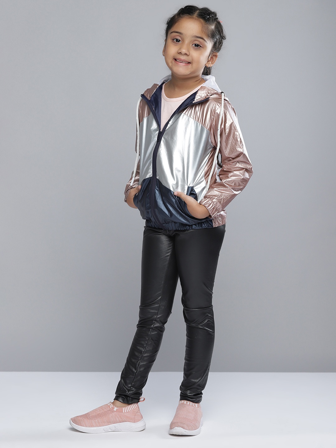 

YK Girls Rose & Silver-Toned Colourblocked Bomber Jacket