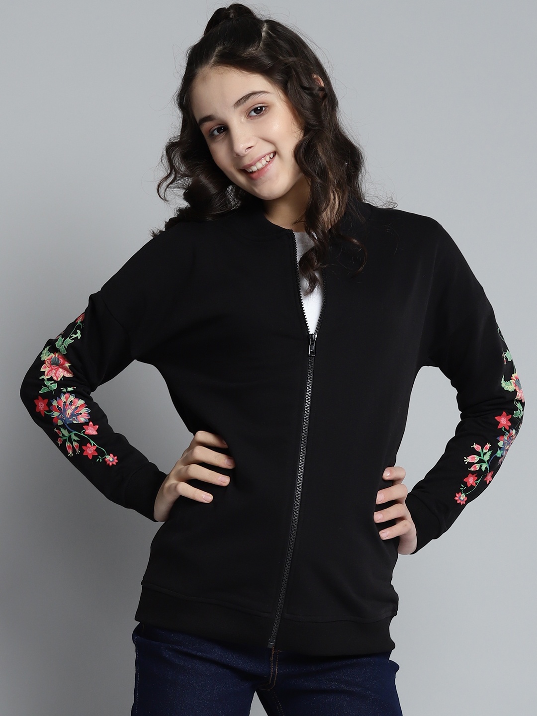 

YK Girls Black Sweatshirt with Floral Print Sleeves