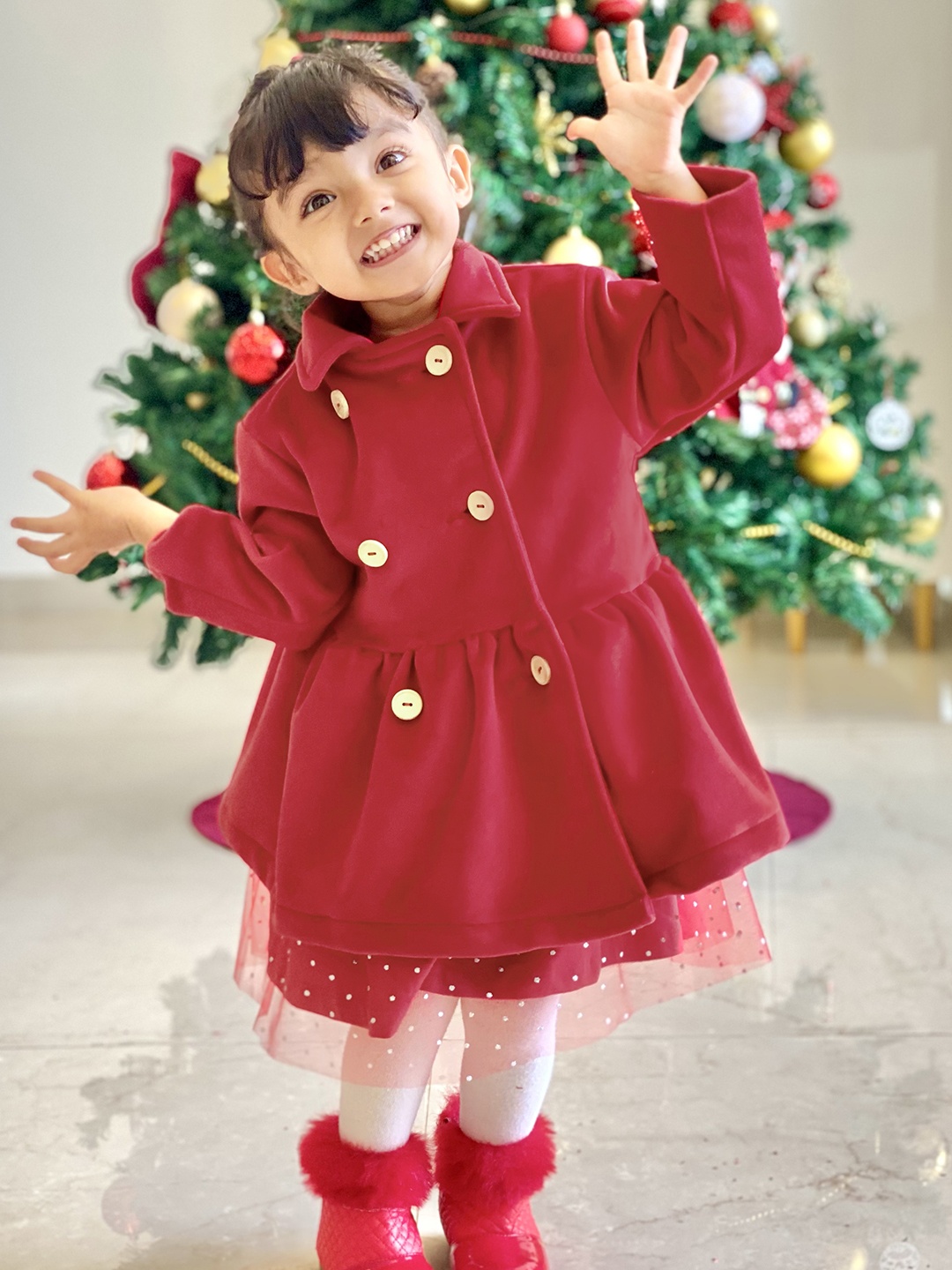 

YK Girls Red Solid Velvet Finish Double-Breasted Princess Coat