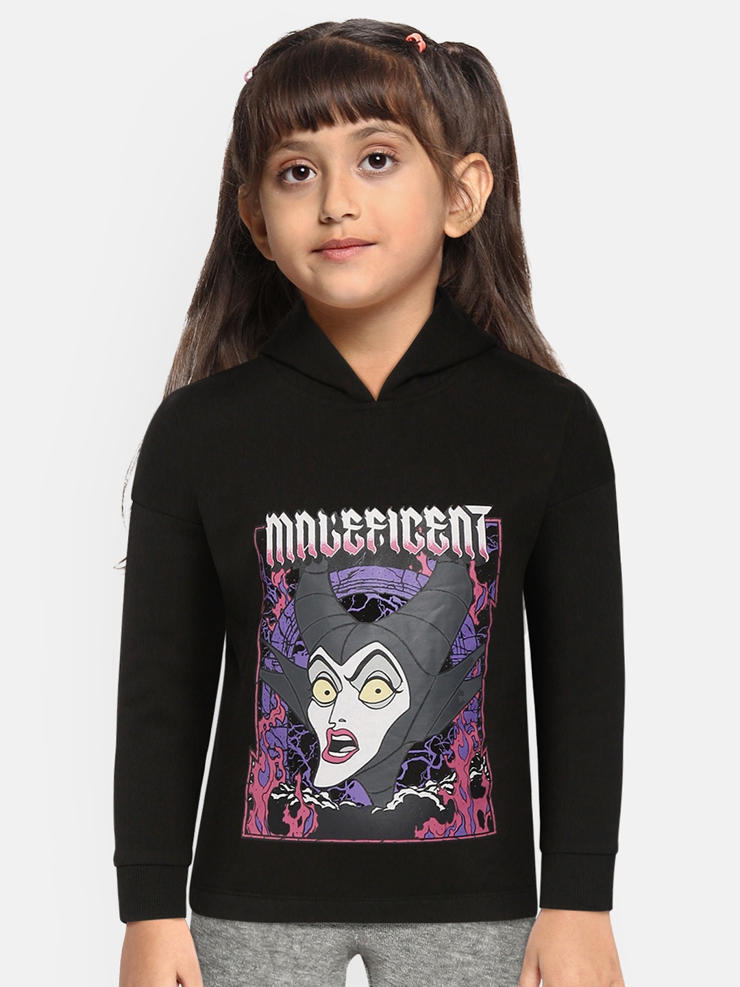 

YK Disney Girls Black & Pink Maleficant Print Hooded Sweatshirt