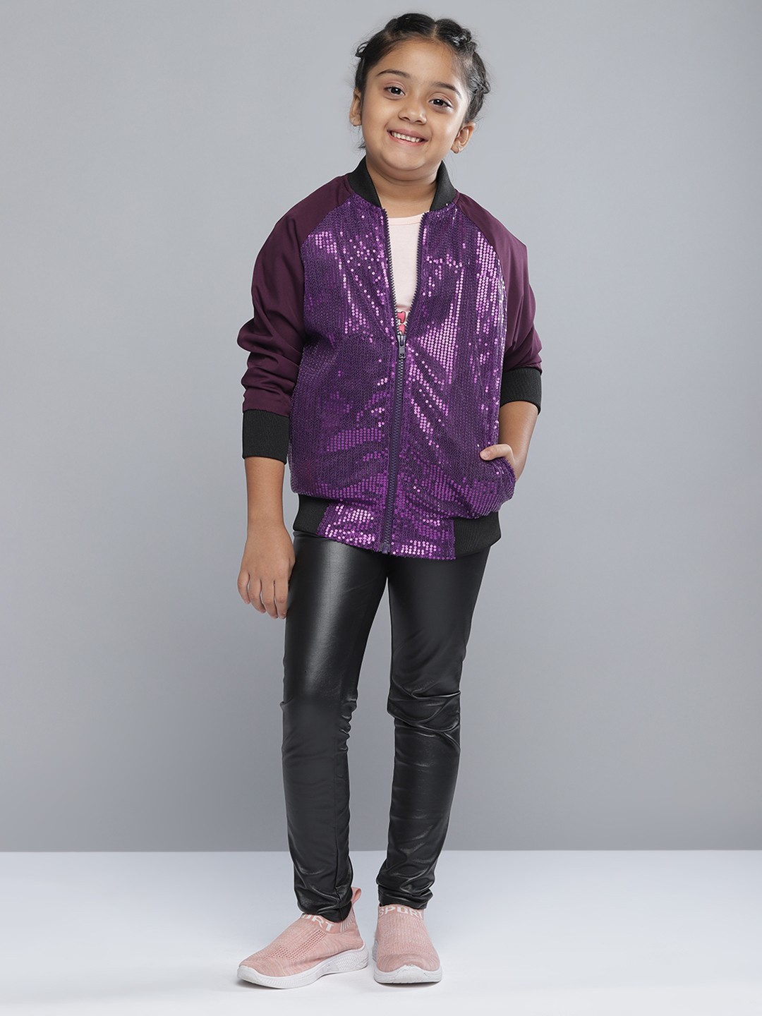 

YK Girls Purple Sequinned Lightweight Bomber Jacket