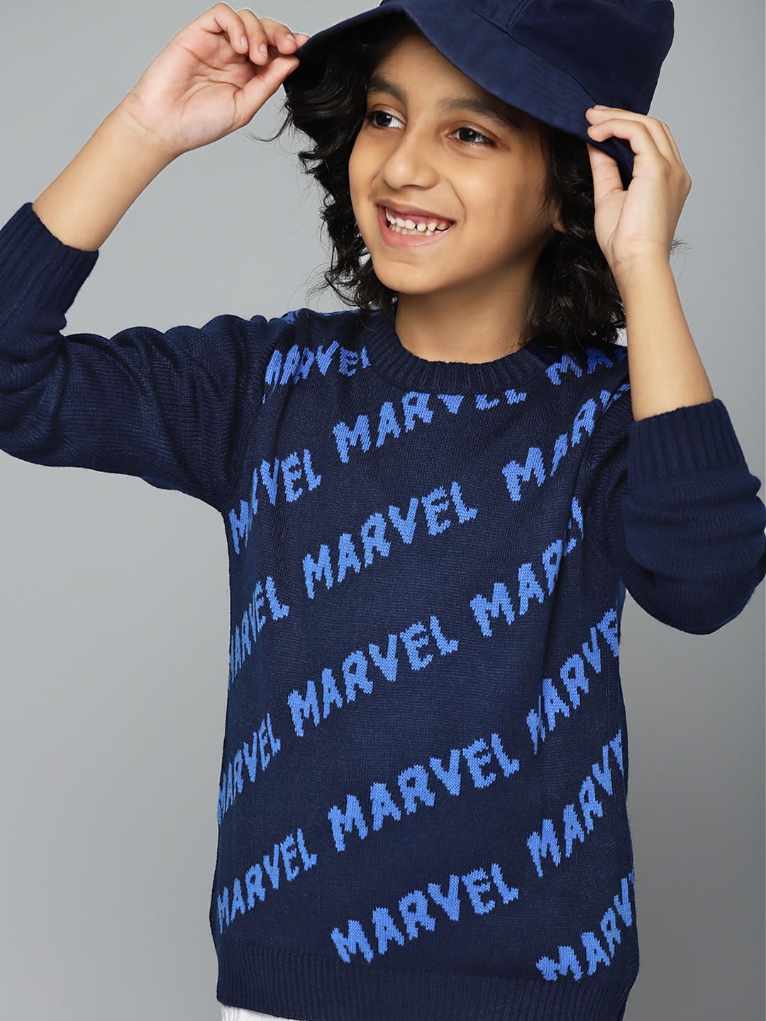 

YK Marvel Boys Navy Blue Typography Self-Design Pullover
