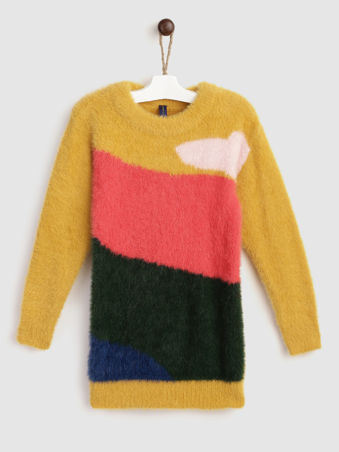 

YK Girls Mustard & Pink Acrylic Colourblocked Pullover with Fuzzy Detail