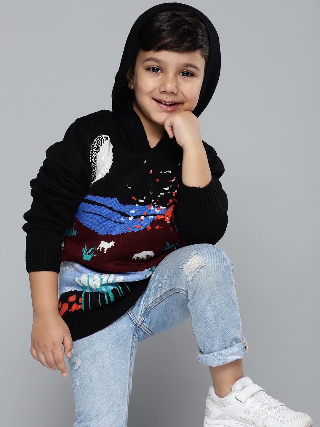 

YK Boys Black & Maroon Printed Pullover