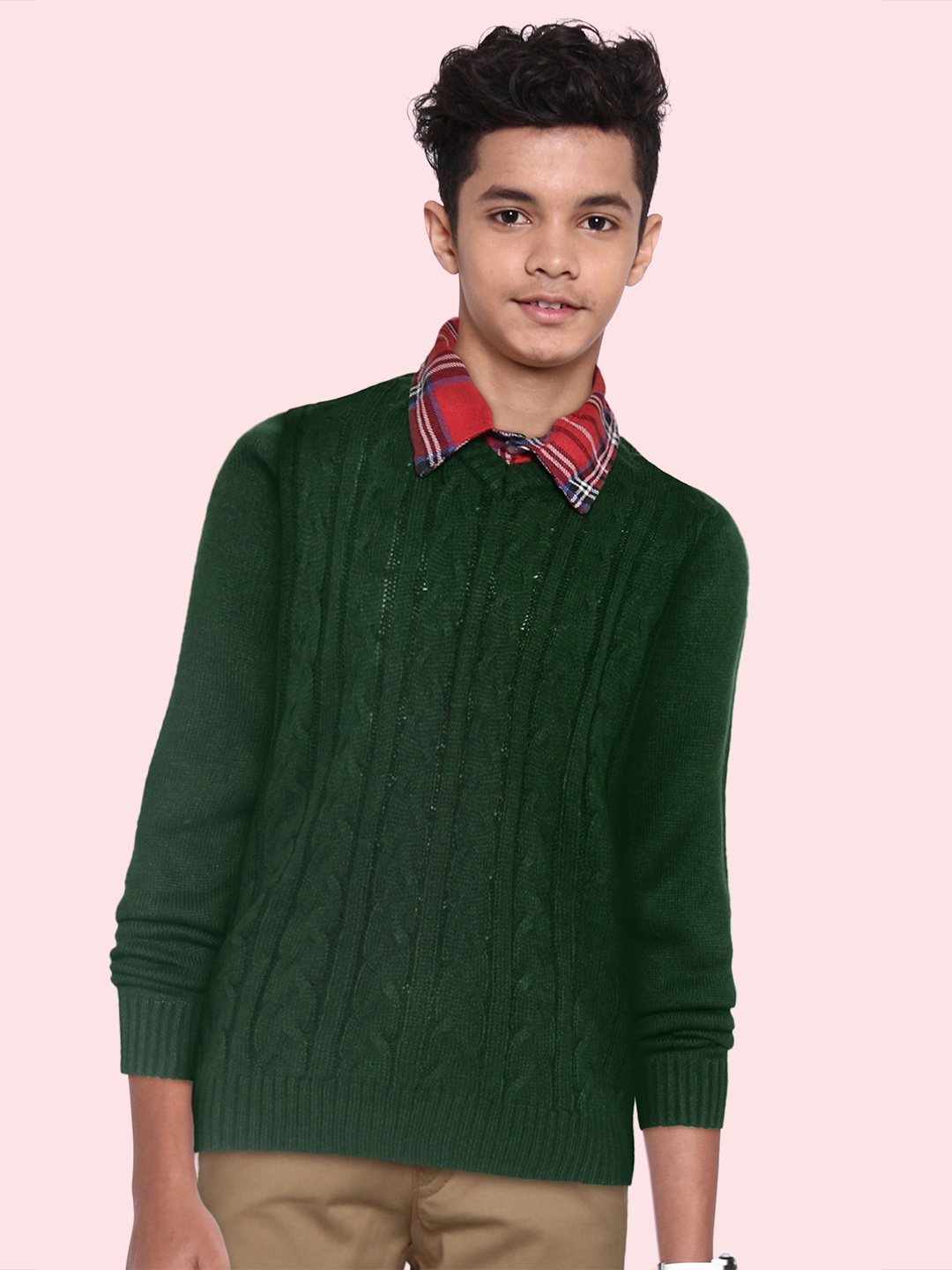 

YK Boys Green & Red Cable Knit Sweater
