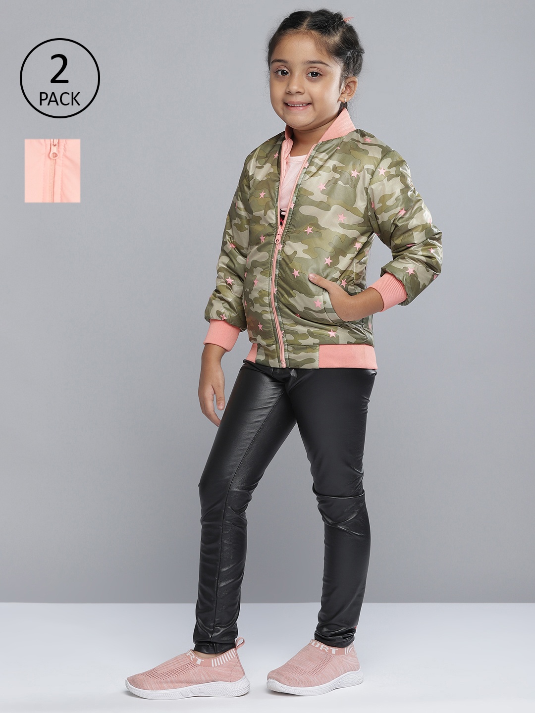 

YK Girls Olive Green & Peach-Coloured Camouflage Reversible Bomber Jacket