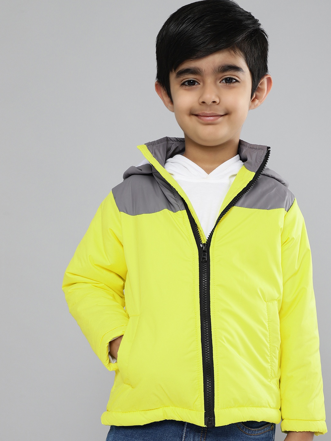 

YK Boys Lime Green & Grey Colourblocked Hooded Padded Jacket