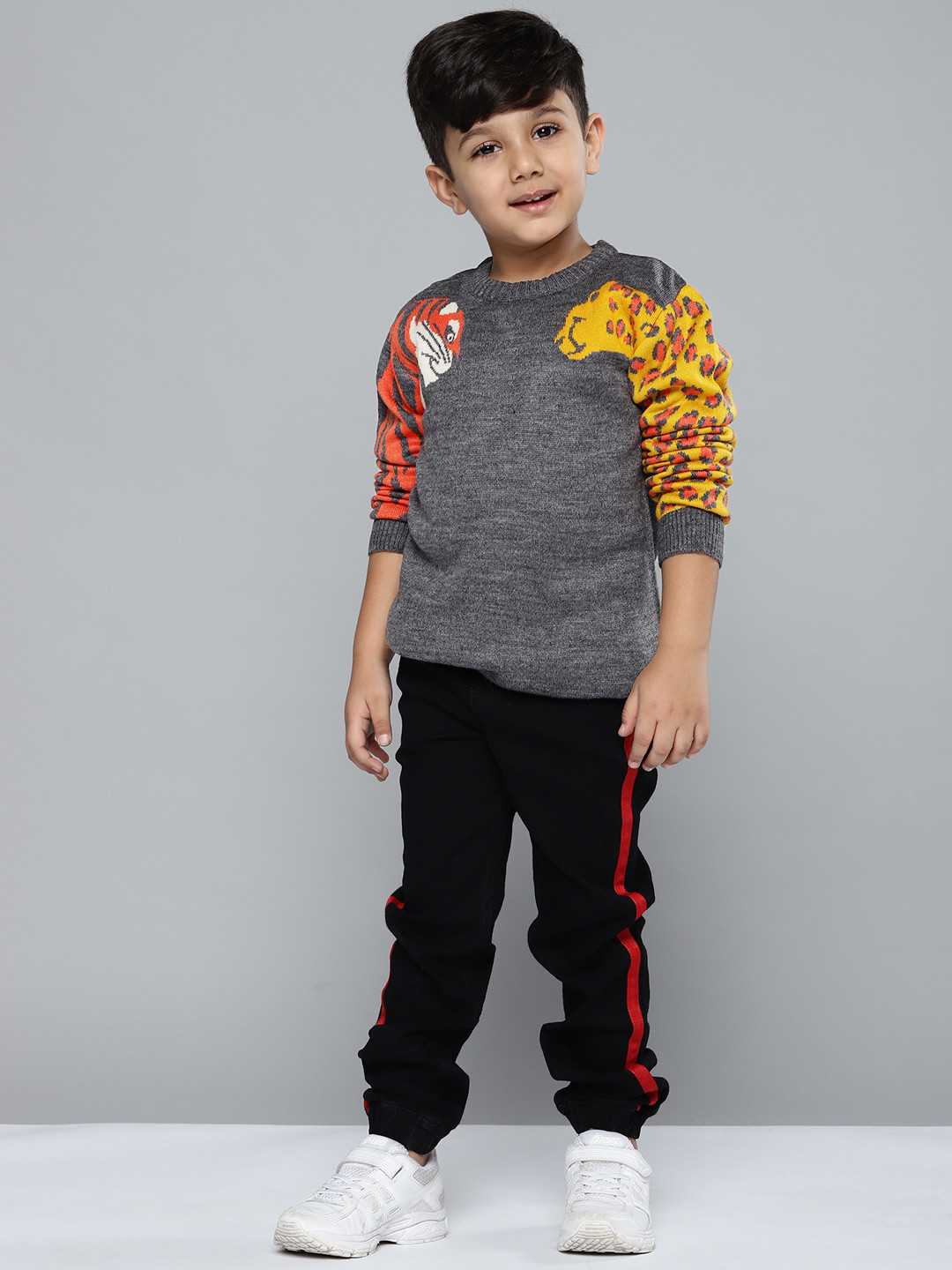 

YK Boys Charcoal Grey & Mustard Yellow Tiger & Leopard Self-Design Pullover