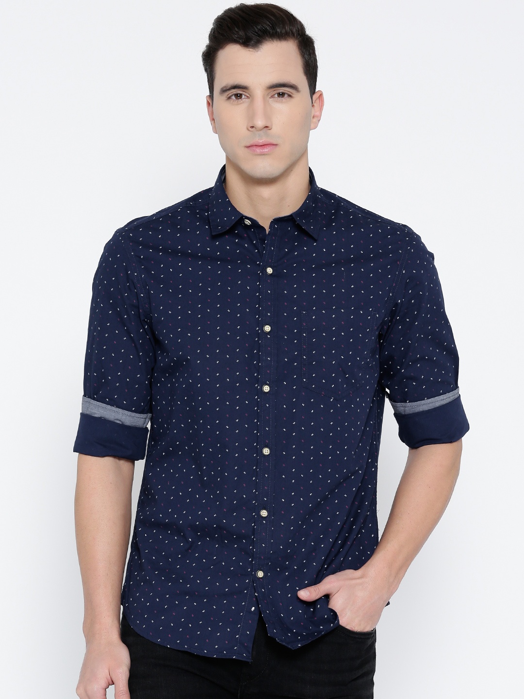 

John Players Men Navy Printed Trim Fit Casual Shirt, Navy blue