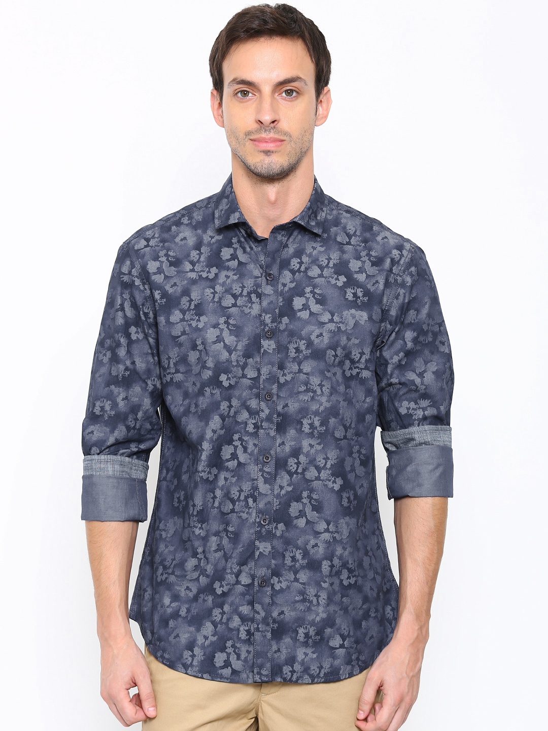 

John Players Men Blue Printed Trim Fit Casual Shirt