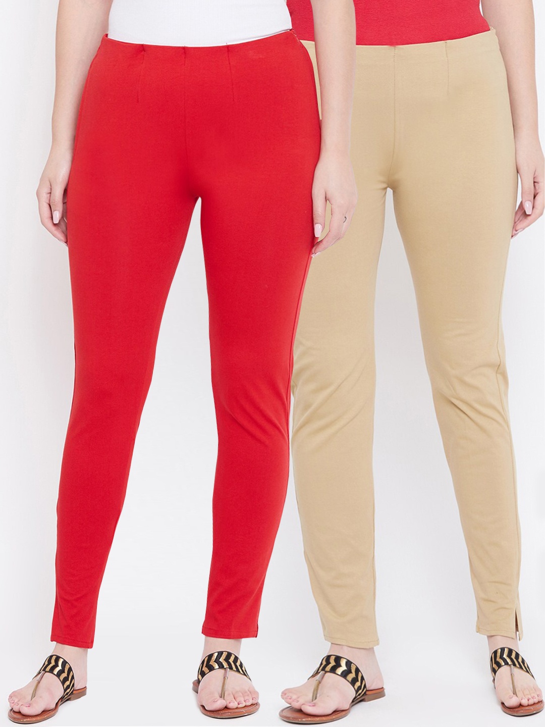 

Castle Pack of 2 Women Red & Beige Regular Fit Solid Regular Ankle Length Cotton Trousers