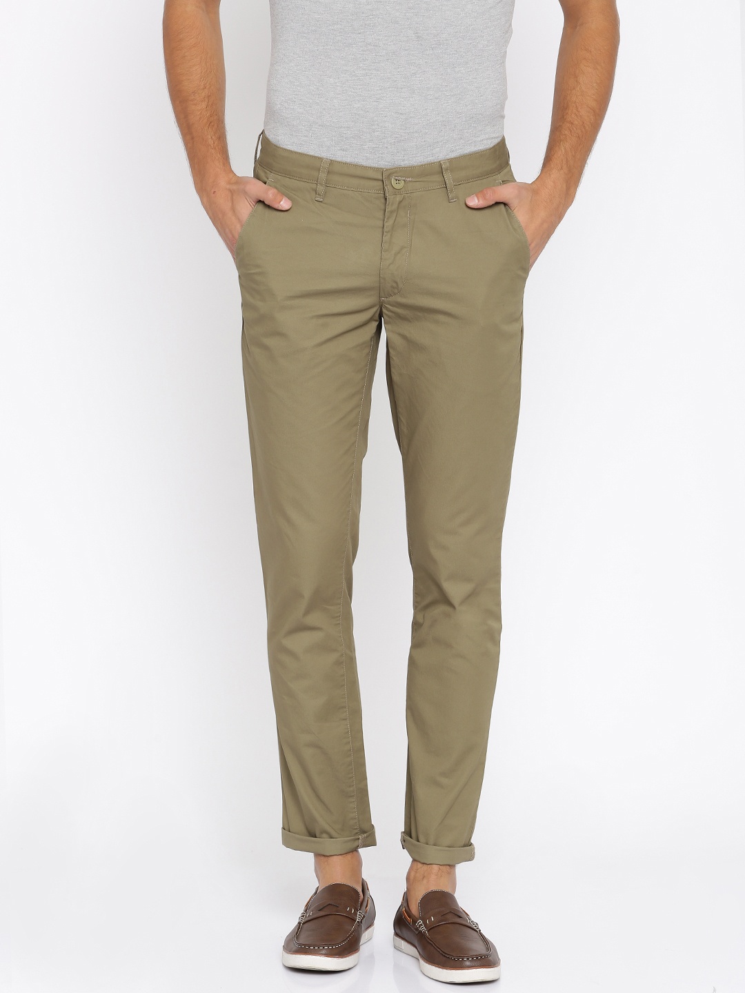 

John Players Men Olive Brown Slim Fit Flat-Front Trousers