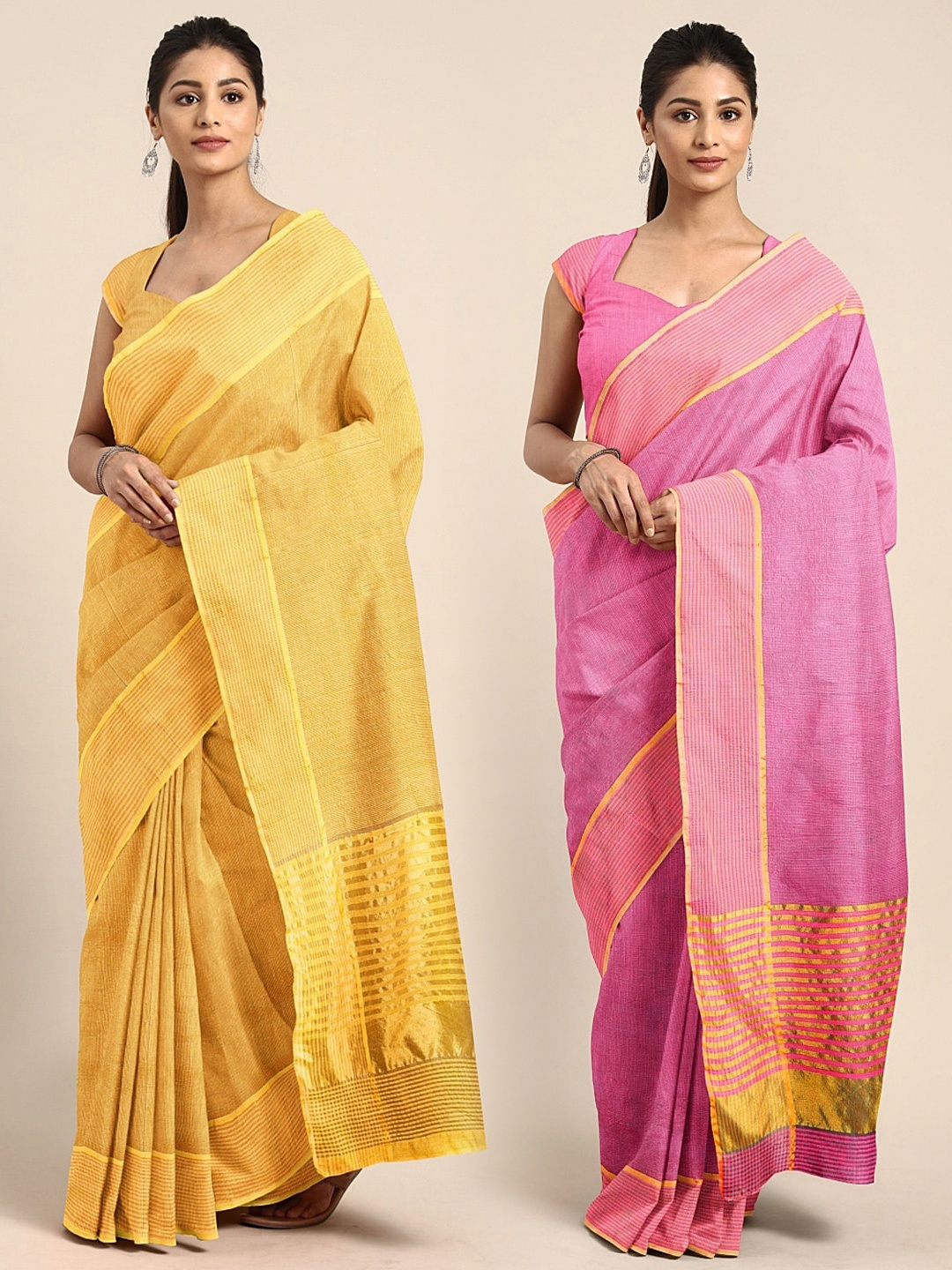 

KALINI Pack Of 2 Solid Polycotton Sarees, Yellow