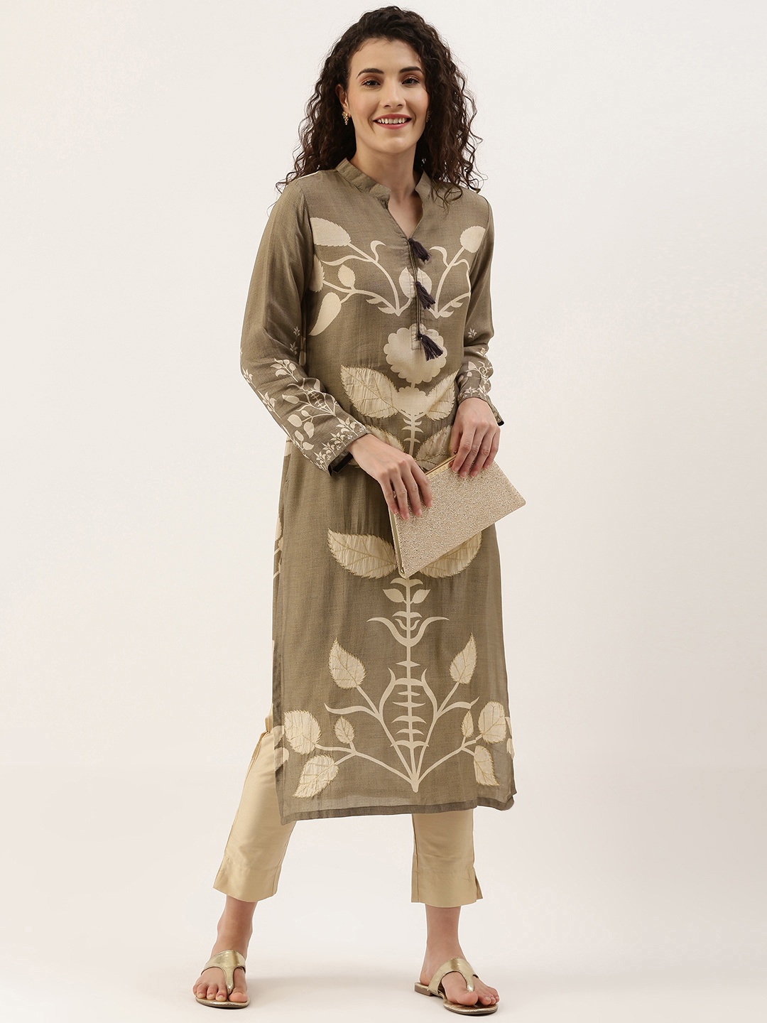 

Saanjh Brown and Beige Floral Printed Thread Work Kurta With Tassel Detail