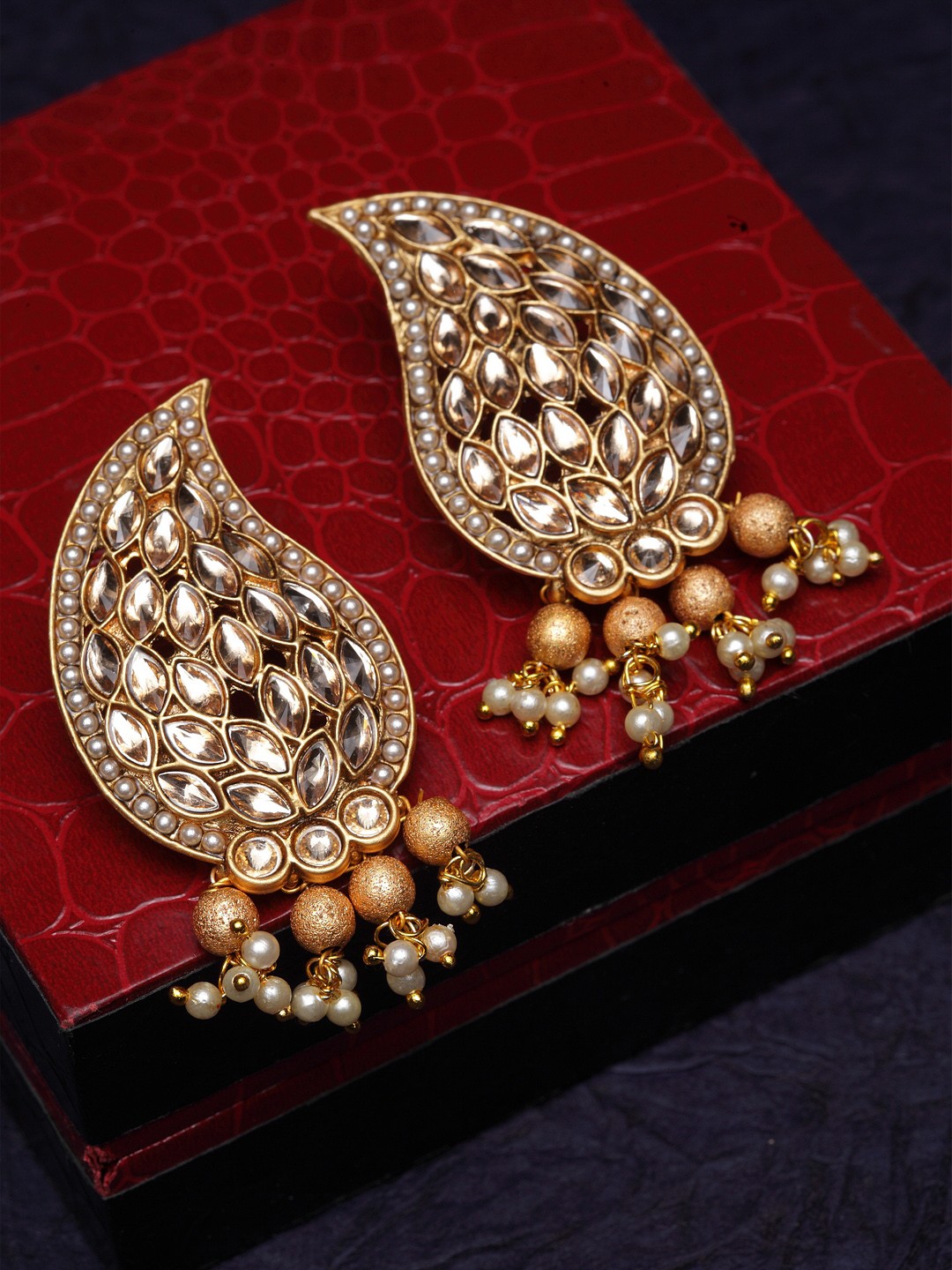 

PANASH Gold-Plated & White Paisley Shaped Drop Earrings