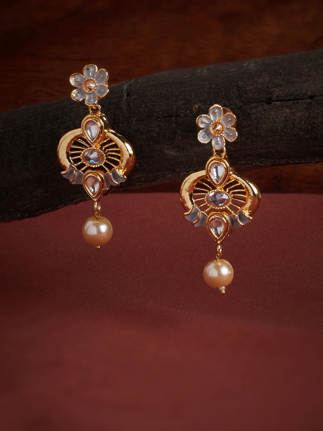 

PANASH Gold-Plated & White Kundan Floral Drop Earrings