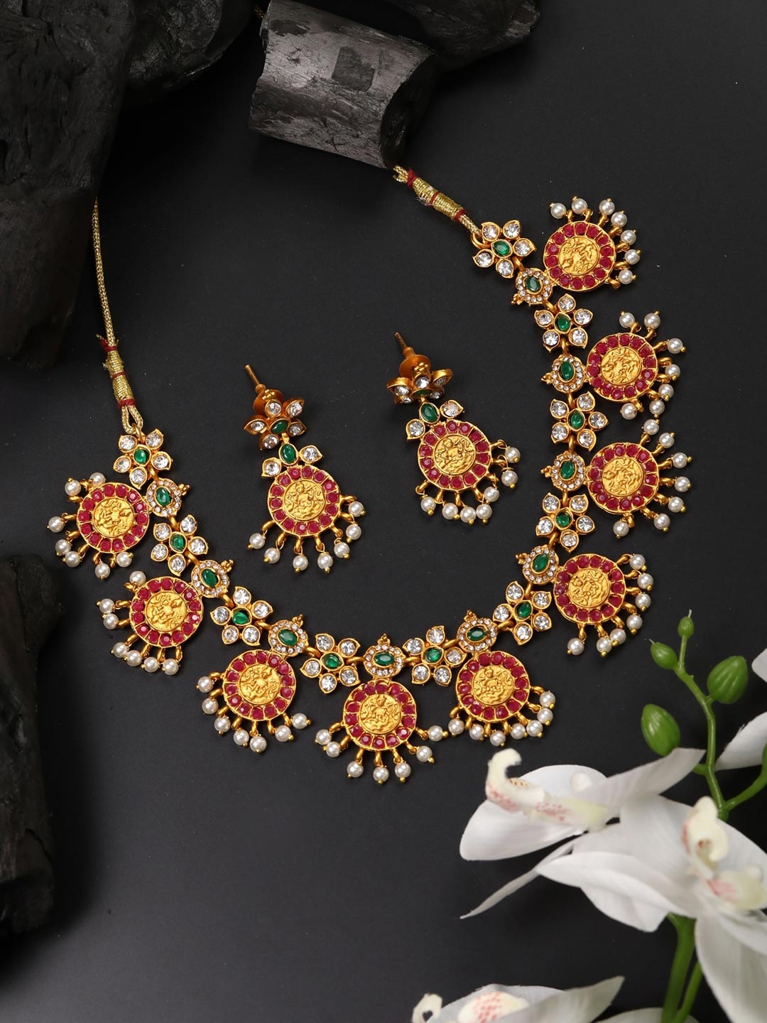 

Priyaasi Pink & Green Gold-Plated Stone-Studded & Beaded Handcrafted Jewellery Set