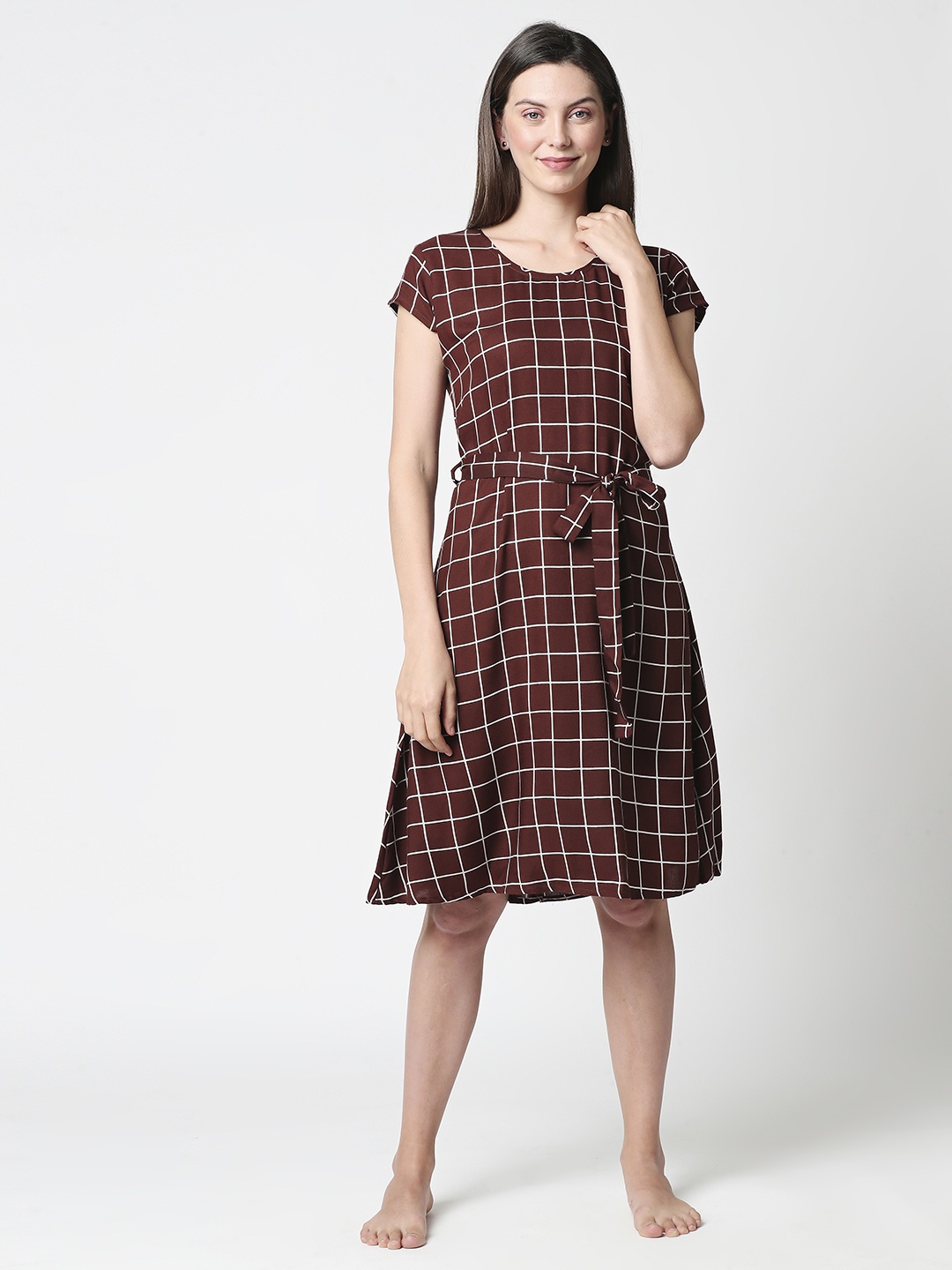 

Zeyo Women Brown Checked Nightdress