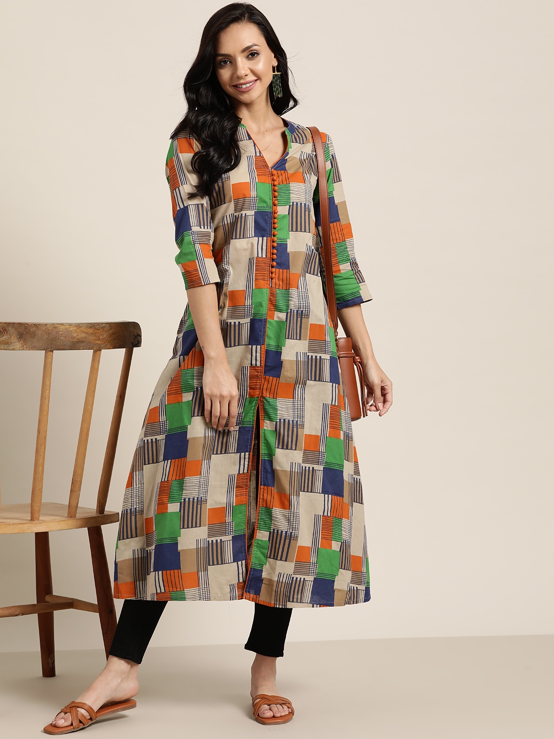 

Sangria Women Beige & Orange Cotton Checked Kurta