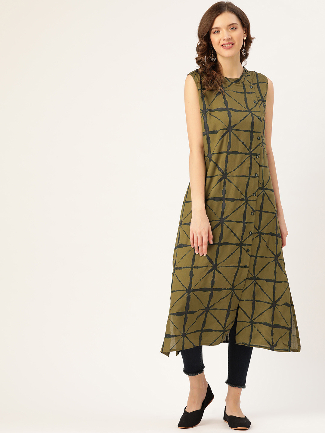 

Sangria Women Olive Green & Black Geometric Printed Kurta