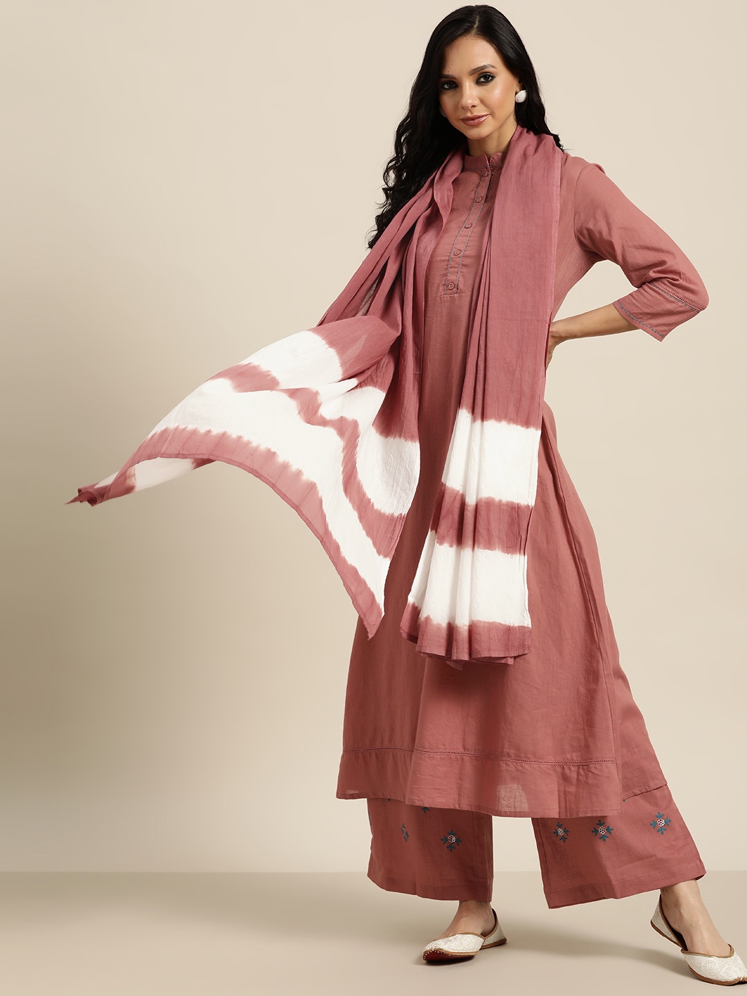 Sangria Women Pink Pure Cotton Kurta with Palazzos & Dupatta