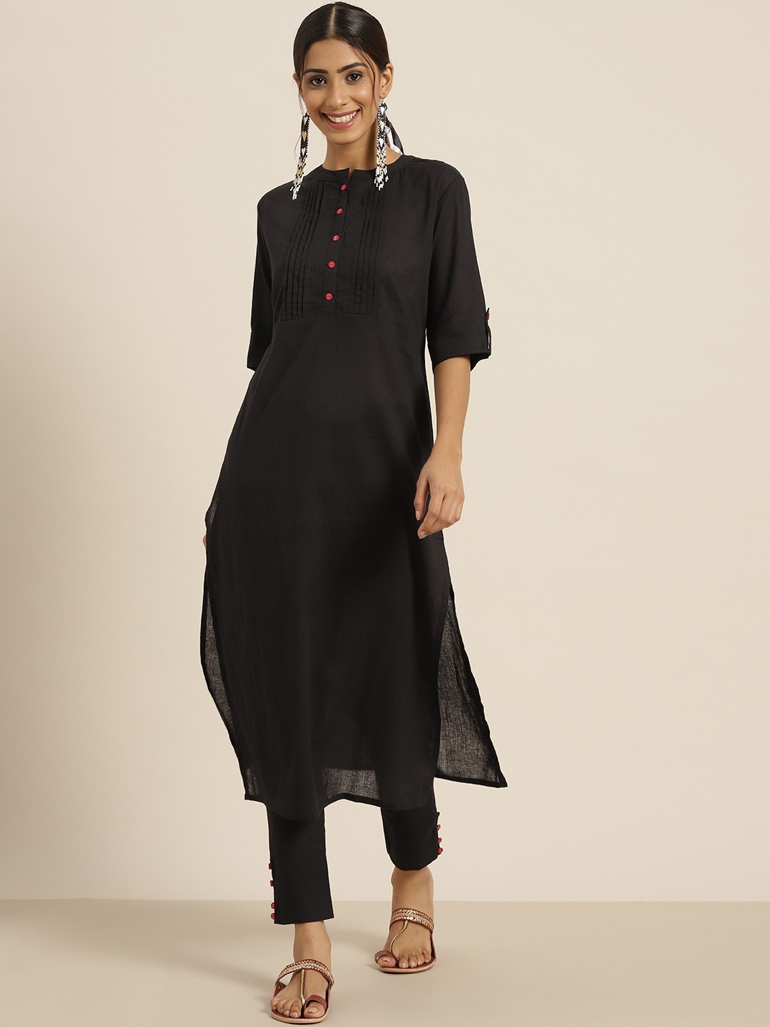 

Sangria Women Black Pure Cotton Pintucks Kurta with Trousers