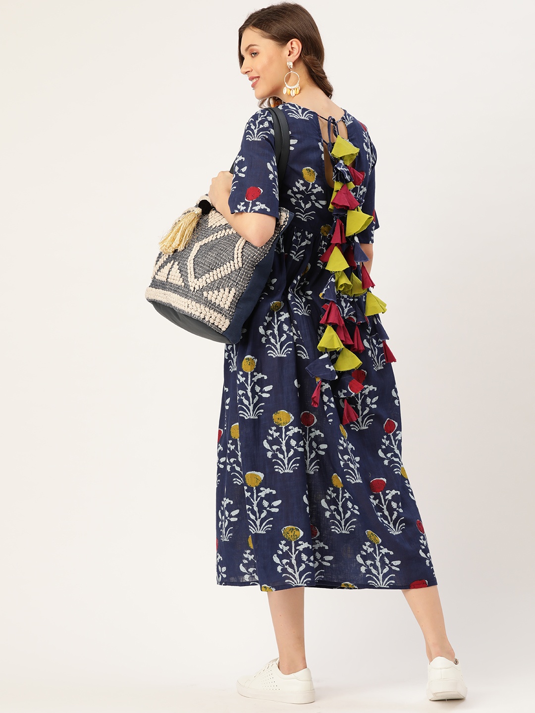 

Sangria Women Blue Pure Cotton Printed Tasseled Tie-Up Midi A-Line Dress