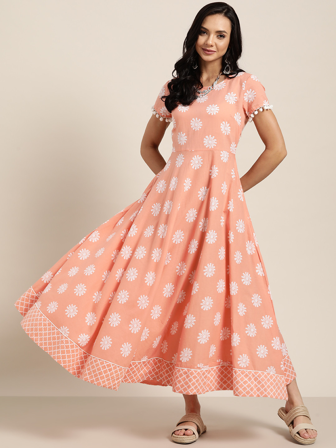 

Sangria Peach-Coloured & White Ethnic Motifs Cotton Maxi Dress