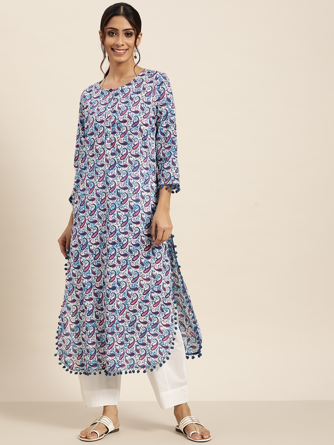 

Sangria Women Off-White & Blue Ethnic Motifs Print Pure Cotton Straight Kurta