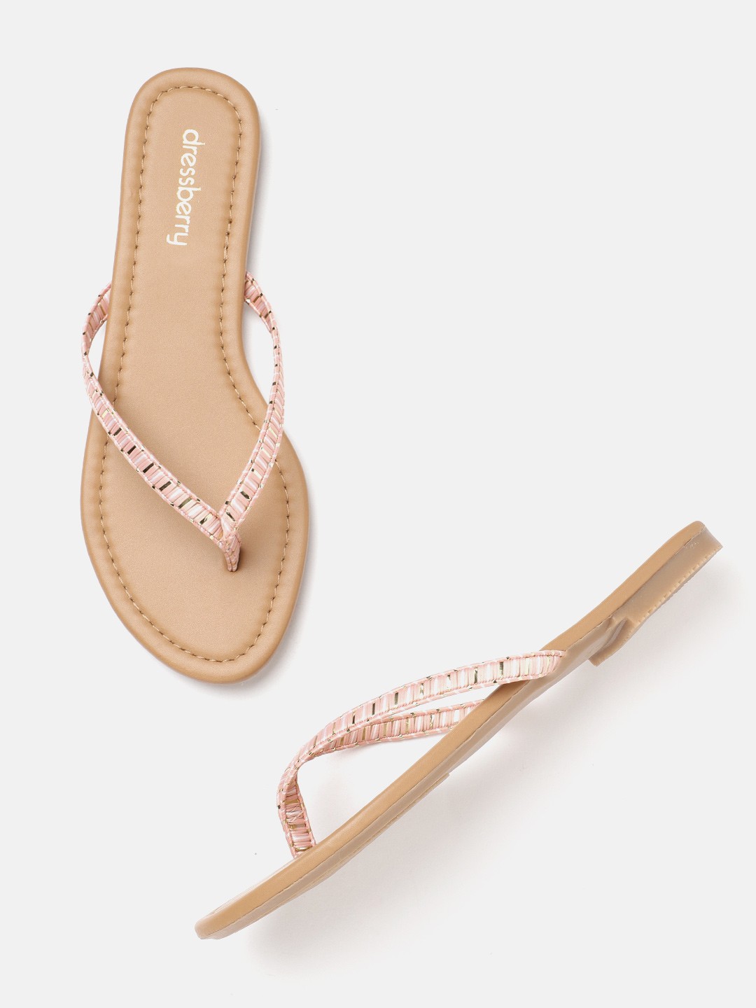 

DressBerry Women Peach-Coloured & White Self-Striped Open Toe Flats