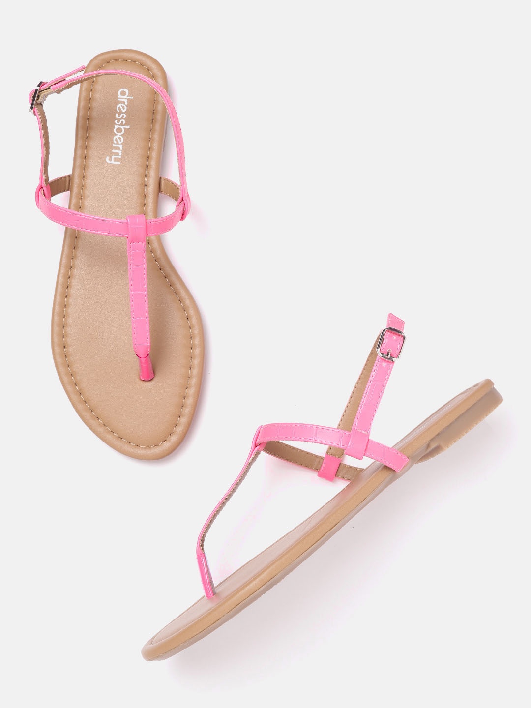 

DressBerry Women Pink Solid T-Strap Flats