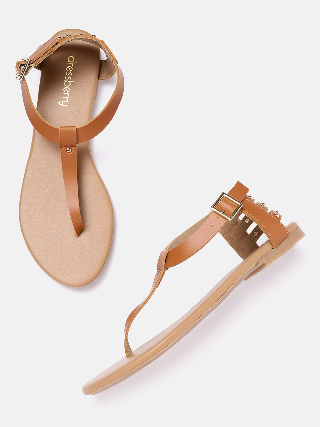 

DressBerry Women Brown Solid T-Strap Flats with Rivet Detail